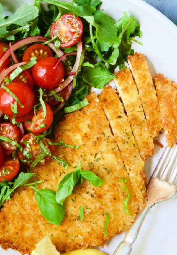 Chicken Milanese with Tomato and Arugula Salad